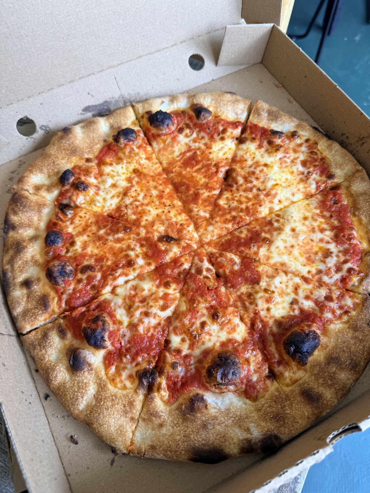 A margherita pizza with a leopard-spotted charred crust